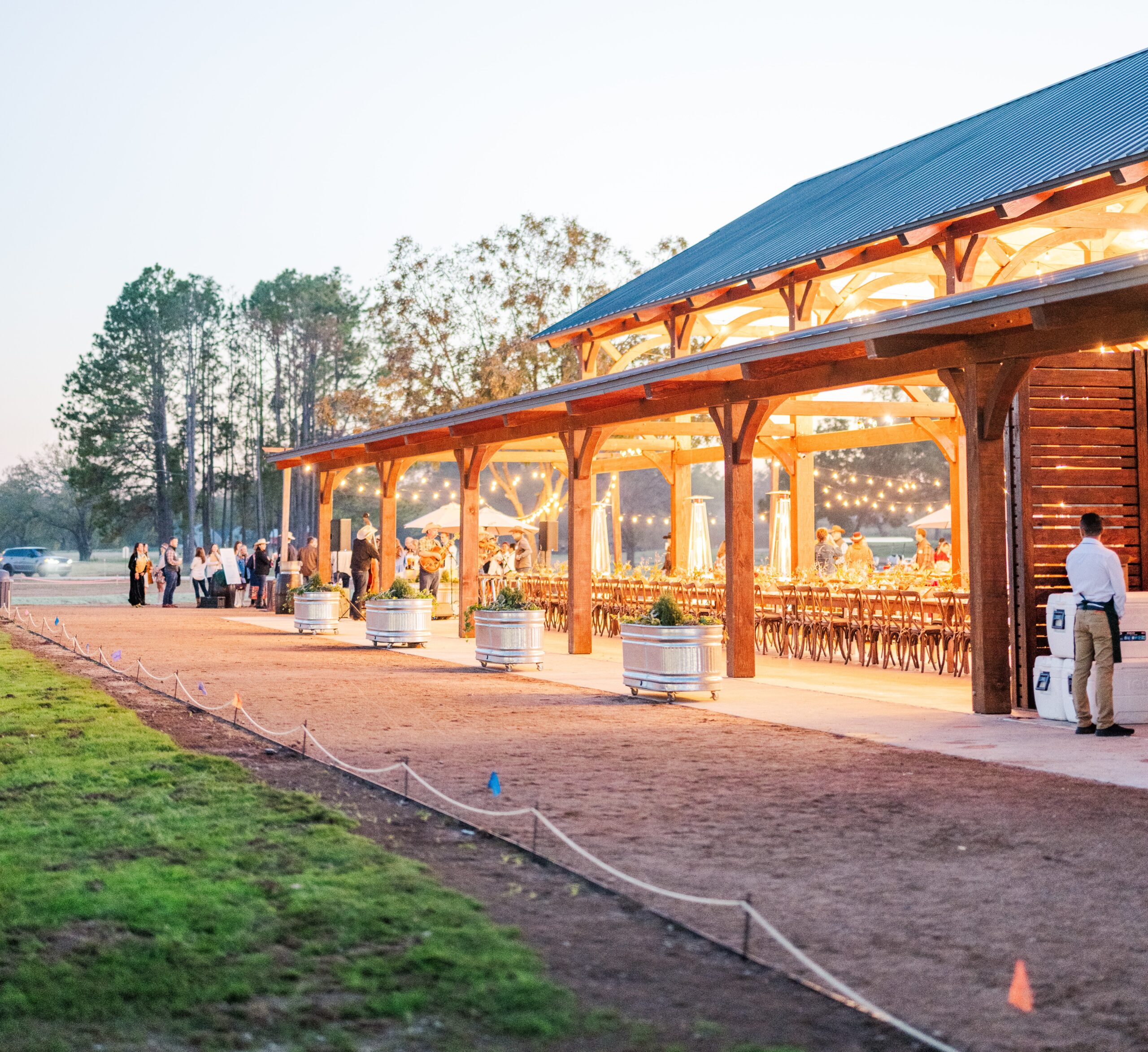 pavilion with lights at dusk